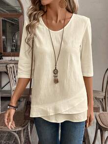 EMERY ROSE Blusa blanca con cuello en V y dobladillo de patchwork para mujer - Beis - Ver 7
