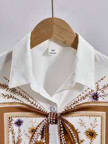 SHEIN 1件女童休閒長袖鈕扣領襯衫，胸前與袖口刺繡，秋季款 - 白色 - 查看 4