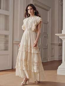 Anewsta Vestido de mujer con cuello de pie, encaje, volantes en la cintura y capas de color marfil - Beis - Ver 6