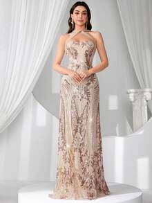 Coutiva Women's Formal Evening Gown Heavily Embellished Beaded Sequins Maxi Dress,Prom Graduation Gift,Suspender Summer Party Dress For Wedding Guest - Apricot - View 5