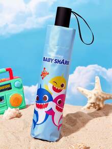 BABY SHARK X SHEIN 1把卡通角色印花傘，黑色防曬塗層，防曬指數50+，適合學校、工作、外出與日常使用，專為大學生、高中生、男女設計，可愛 - 藍色 - 查看 2