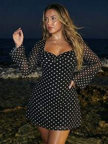 SHEIN ICON Vestido de festa e encontro de moda com bolinhas para mulher plus size - Preto e Branco - Ver 1