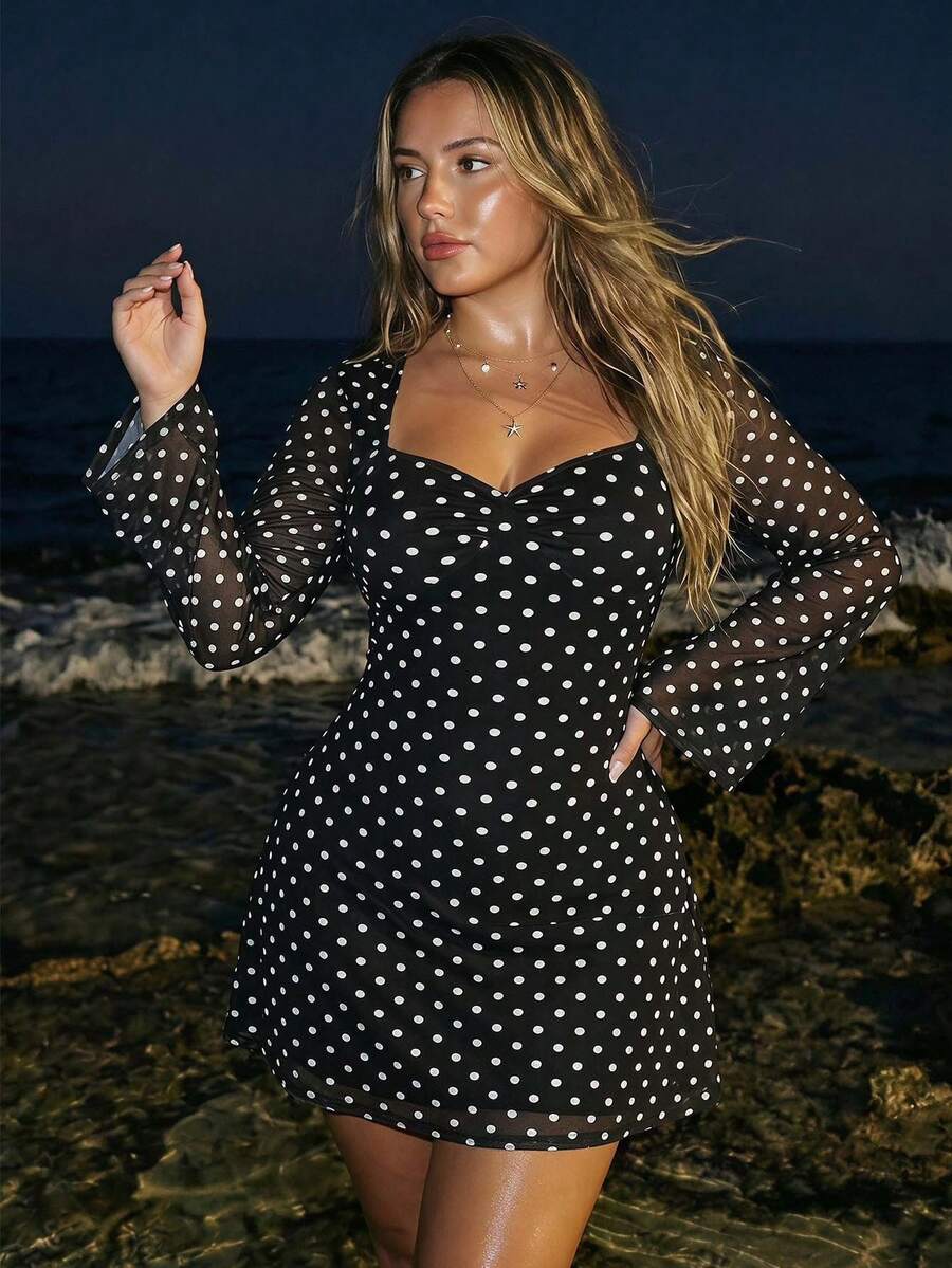 SHEIN ICON Vestido de festa e encontro de moda com bolinhas para mulher plus size - Preto e Branco - Ver 1