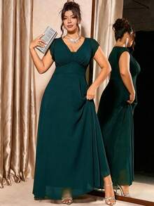 Elenzga Plus Size Women's Solid Color Pleated Evening Dress - Dark Green - View 3