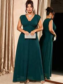 Elenzga Plus Size Women's Solid Color Pleated Evening Dress - Dark Green - View 5