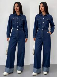 SHEIN EZwear 女款時尚通勤牛仔連身褲 秋季優雅街頭風休閒 Y2K 時尚基礎款 適合節慶返校外出旅行 海軍藍 - 藍色 - 查看 7
