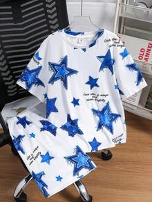 SHEIN 兒童 2件組 青少年男孩休閒街頭風仿丹寧星星圖案套頭T恤與短褲套裝，適合學校、花園、海灘、生日，春夏季 - 白色 - 查看 4