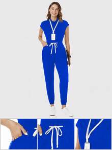 TaskEZ Drawstring Waist Scrub Uniform Jumpsuit - Royal Blue - View 7