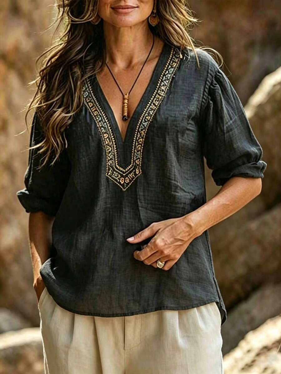 Zayélia 波希米亞休閒風刺繡V領亞麻襯衫,復古寬鬆燈籠袖罩衫,度假深灰色夏季款 - 黑色 - 查看 1
