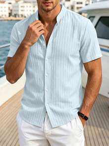 VENTUSAIL Men's Solid Colour Casual Short-Sleeve Shirt, Summer Vacation, Vintage Style For Men - Baby Blue - View 4