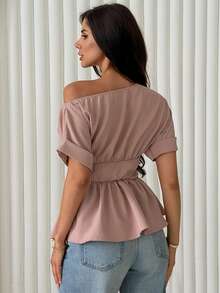 DAZY Spring Summer Casual Romantic Elegant Asymmetric Shoulder Waist-Cinching Women's Blouse School Dinner Office Date Night Dusty Pink - Pink - View 2