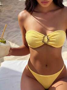 Swim Vcay Springbreak 女士纯色提花面料露肩金属装饰性感蝴蝶结比基尼套装，适合夏季海滩度假 - 黃色 - 查看 1