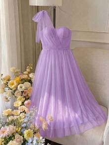 Elenzga Damen-Maxikleid in großen Größen für Frühling/Sommer, zarter Feenstil in Mintgrün mit Quasten und Mesh, schulterfrei mit geraffter Taille, schlankmachend und ausgestellt, geeignet für Hochzeit als Brautjungfer, Gartenparty, Valentinstag-Outfit und Reisefotografie, leichtes und fließendes Mesh-Material, Schleifendekoration für lebendigen und zauberhaften Charme - Violett - Übersicht 1