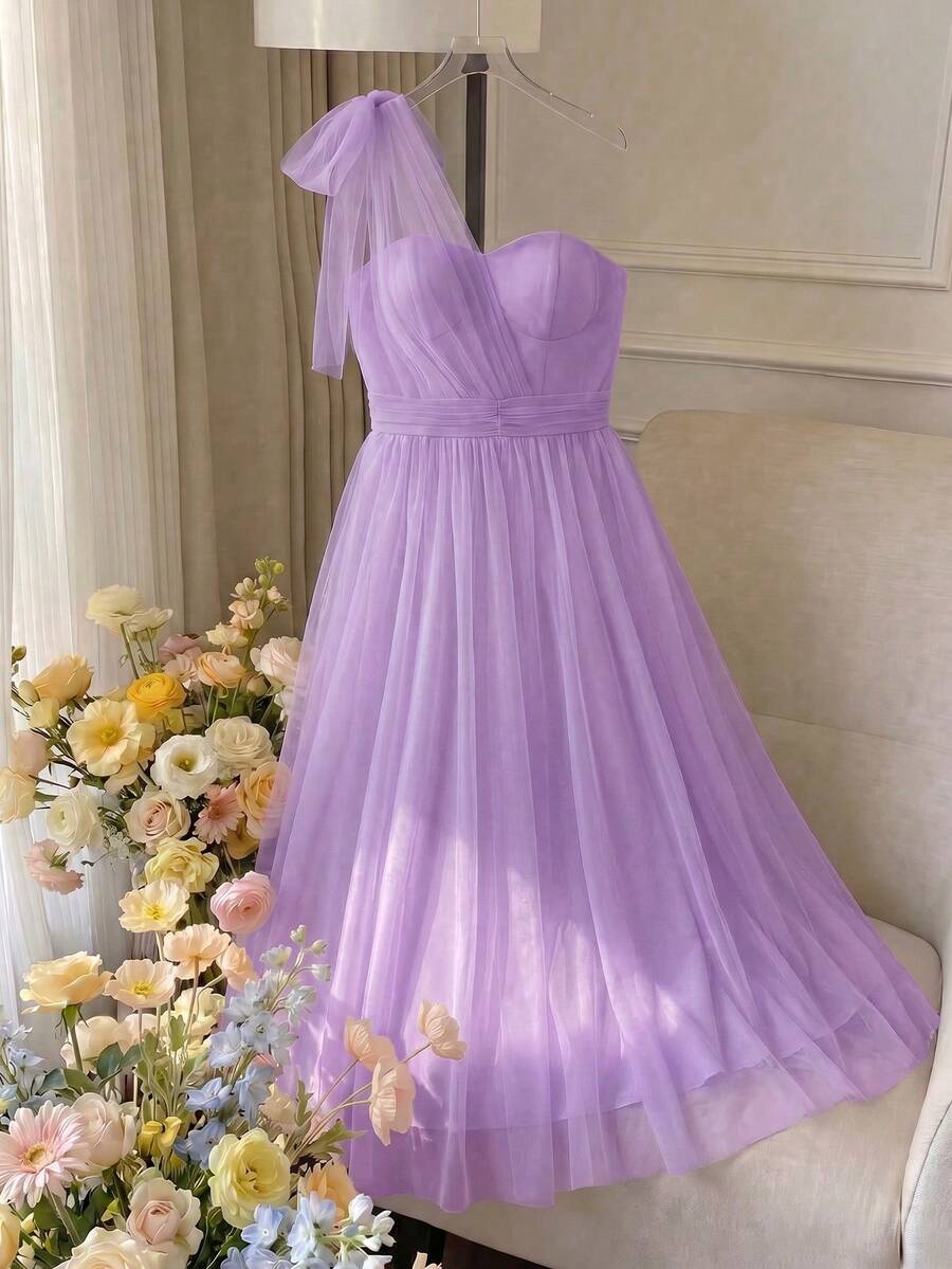 Elenzga Damen-Maxikleid in großen Größen für Frühling/Sommer, zarter Feenstil in Mintgrün mit Quasten und Mesh, schulterfrei mit geraffter Taille, schlankmachend und ausgestellt, geeignet für Hochzeit als Brautjungfer, Gartenparty, Valentinstag-Outfit und Reisefotografie, leichtes und fließendes Mesh-Material, Schleifendekoration für lebendigen und zauberhaften Charme - Violett - Übersicht 1