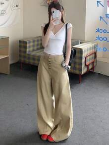 DAZY 女款休閒寬鬆寬腿弧形下擺牛仔褲 夏季 - 卡其色 - 查看 8
