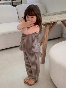 DAZY 女嬰簡單條紋上衣與寬鬆長褲套裝 夏季幼兒 - 灰色 - 查看 6