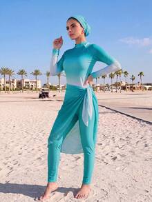 Veilorie Burkini vải phối màu gradient nữ cho đi biển nghỉ dưỡng - Màu xanh lam - Xem 5