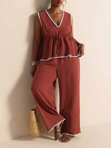 Elaquor Plus Size Vacation Casual Bohemian Boho Contrast Trim Tank Top Long Pants 2 Pieces Set Summer Going Out Bussines Beach Brunch Ruffle Hem - Redwood - View 7