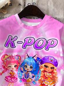 青少年女孩休閒卡通女團印花 K-Pop 超級巨星 紮染星星短袖 T 恤與短褲 2 件套，適合夏季 - 彩色 - 查看 5