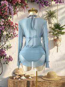 Swim SXY Plus Size 3pcs Floral Accent Solid Color Sexy Women Swimwear Set - Blue - View 2