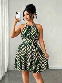 Elenzga Plus Size Women's Elegant Sexy Green Vacation Print Halter Neck Short Dress Round Neck Tie-Up Spring Summer Party Date Night - Green - View 4