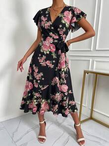 SHEIN Holidaya 女款優雅V領側綁帶開衩浪漫玫瑰印花洋裝 - 黑色 - 查看 5