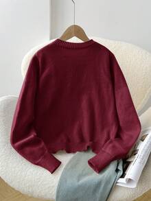 SHEIN Tween女孩寬鬆休閒極簡舒適圓領前開鈕扣純色秋季針織衫 - 酒紅色 - 查看 2