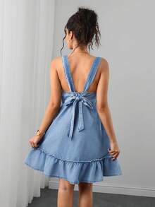 Momance Maternity Back Tie Design Casual Daily Wear Denim Washed Dress Fall - Light Wash - View 2