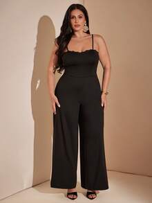 SHEIN BAE Plus Size Black Lace Patchwork Long Jumpsuit With Cup Elegant Sexy Notched Neck Slim Fit For Women Party Evening Cocktail Date Night Summer - Black - View 6