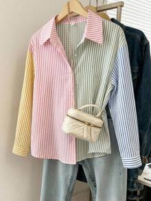 SHEIN LUNE Camisa casual de manga larga a rayas con un solo botón para mujer de talla grande - Rosa - Ver 2