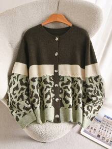 CosyJoli Fashionable New Plus Size Women's Color Block Green Leopard Print Small Tassel Round Neck Drop Shoulder Long Sleeve Cardigan Casual Fall/Winter - Multicolor - View 4