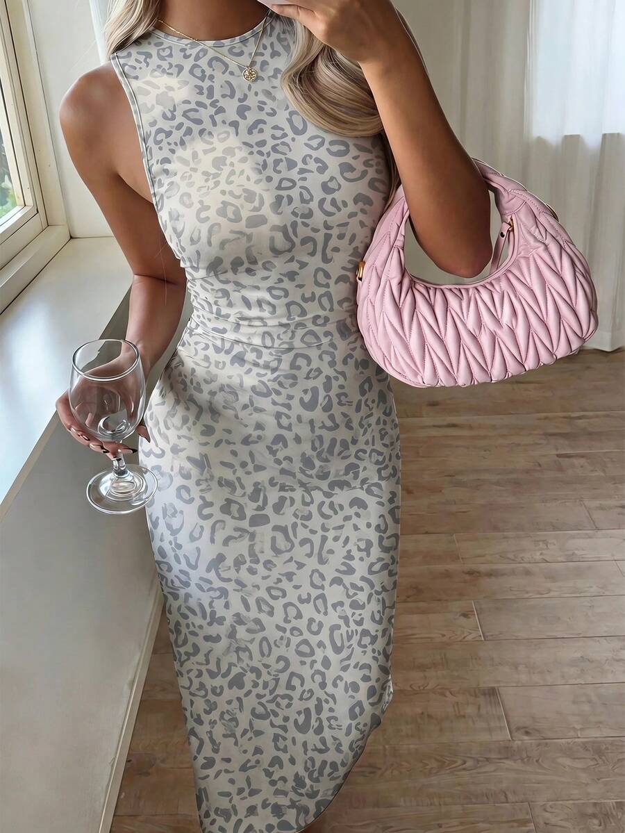 Modelyn Robe moulante en tricot minimaliste décontractée et sexy, imprimé léopard, convient pour l'été - Multicolore - Voir 1