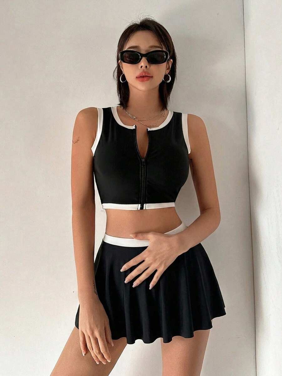 DAZY 女款拼色拼接街頭休閒泳裝套裝 - 黑色 - 查看 1