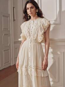 Anewsta Vestido de mujer con cuello de pie, encaje, volantes en la cintura y capas de color marfil - Beis - Ver 5