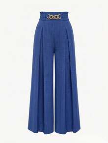 Elenzga Spring/Autumn Metal Ring Wide Leg Pleated Waist Trousers - Blue - View 4