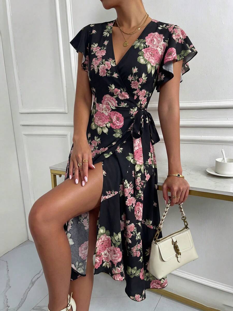 SHEIN Holidaya 女款優雅V領側綁帶開衩浪漫玫瑰印花洋裝 - 黑色 - 查看 1