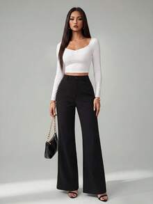 SHEIN Tall Celana Panjang Wanita Warna Polos Kancing Depan Kasual Model Pas Badan Model Flare - Hitam - View 7