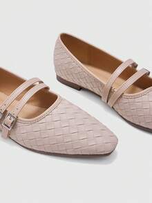 CUCCOO BIZCHIC Zapatos Mary Jane de mujer con doble hebilla tejida, punta cuadrada y suela plana, estilo retro francés con suela blanda, cómodos y versátiles para el uso diario - Polvo desnudo - Ver 8