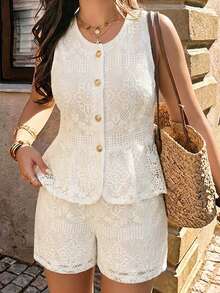 Formidée Plus Size Women Casual Elegant Lace Sheer Front Button Top And Shorts 2 Pieces Set - Apricot - View 10