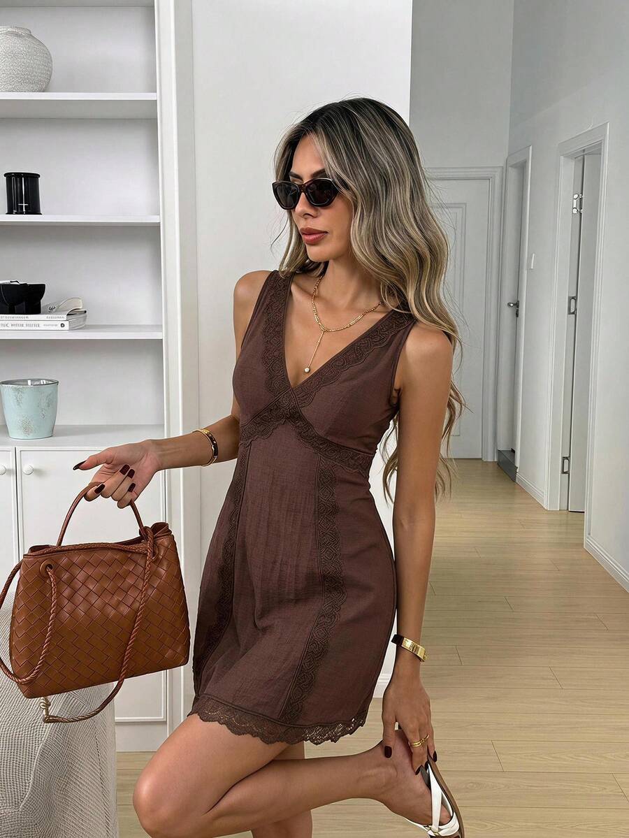 Easowa Lace Patchwork Cinched Waist A-Line Sleeveless Tank Dress Linen Fabric Casual Elegant Commuter Vacation Summer Women Mini Dress Brunch Dark Brown - Brown - View 1