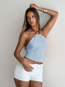 Aloruh Women's Elegant Sexy Light Blue Halter Neck Chain Decor Pullover Knit Top, Casual Minimalist Hand-Knitted Top Vacation Summer - Baby Blue - View 3