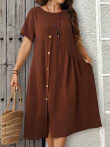 EMERY ROSE Gaun Pesta Kasual Wanita Ukuran Plus Warna Polos Leher Bulat Berlipit untuk Liburan, Acara Konser Country, Gaun Midi Musim Panas Cokelat Tua Berhiaskan Kancing - Rust Brown - View 6