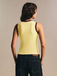 Poéselle Women's Colorblock V-Neck Slim Fit Casual Versatile Tank Top Everyday Brown And Yellow Summer - Light Yellow - View 3