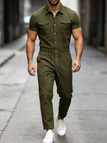 Manfinity Homme Men's Spring/Summer Jumpsuit, Army Green Long Pants Cargo Mature Casual Style - Army Green - View 6