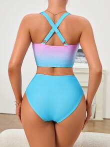 Voyashape DD+ Series Push-Up Soft Cup Bikini Set, Women's Blue Gradient Print Suitable For Summer Casual Beach Holiday Vacation Swimwear, Large Bust Two Pieces Set With Removable Bra Pads - Multicolor - View 2