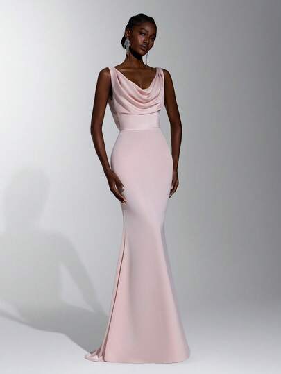 Elitara Elegant Luxurious Light Pink Cowl Neck Deep Back Lace Patchwork Mermaid Floor Length Formal Bridesmaid Dress For Wedding, Evening Party, Birthday, Award Ceremony (Adult)