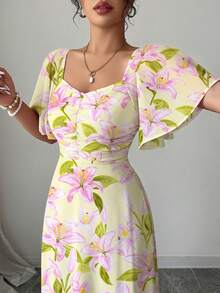 Modelyn Women's Chiffon Printed Batwing Sleeve Drawstring Sweet French Style Charming Dress, Spring/Summer - Yellow - View 5