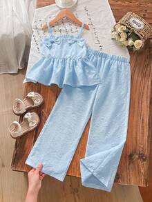 Souflis Souflis Young Girls Summer Cute Fresh 2 Pieces Set, 3D Bow Dress-Style Camisole Top + Loose Straight Wide Leg Pants, Suitable For Daily Wear, Travel, Vacation, Party, Gathering - Blue - View 6