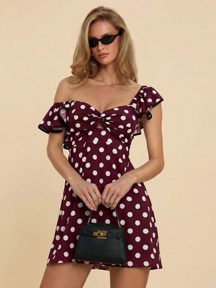 COSMINA Women's Elegant Romantic Vintage White Polka Dot Twist Knot Ruffle Mini Dress, All Season, Versatile For Valentine's Day Date Tea Party, Vacation - Burgundy - View 1