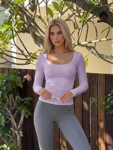 Fluxe Women's Casual Solid Color Knit Scoop Neck Long Sleeve Slim Fit T-Shirt, Thermal Fabric, Slim Fitted Stretch,For Autumn And Everyday Light Purple - Mauve Purple - View 3